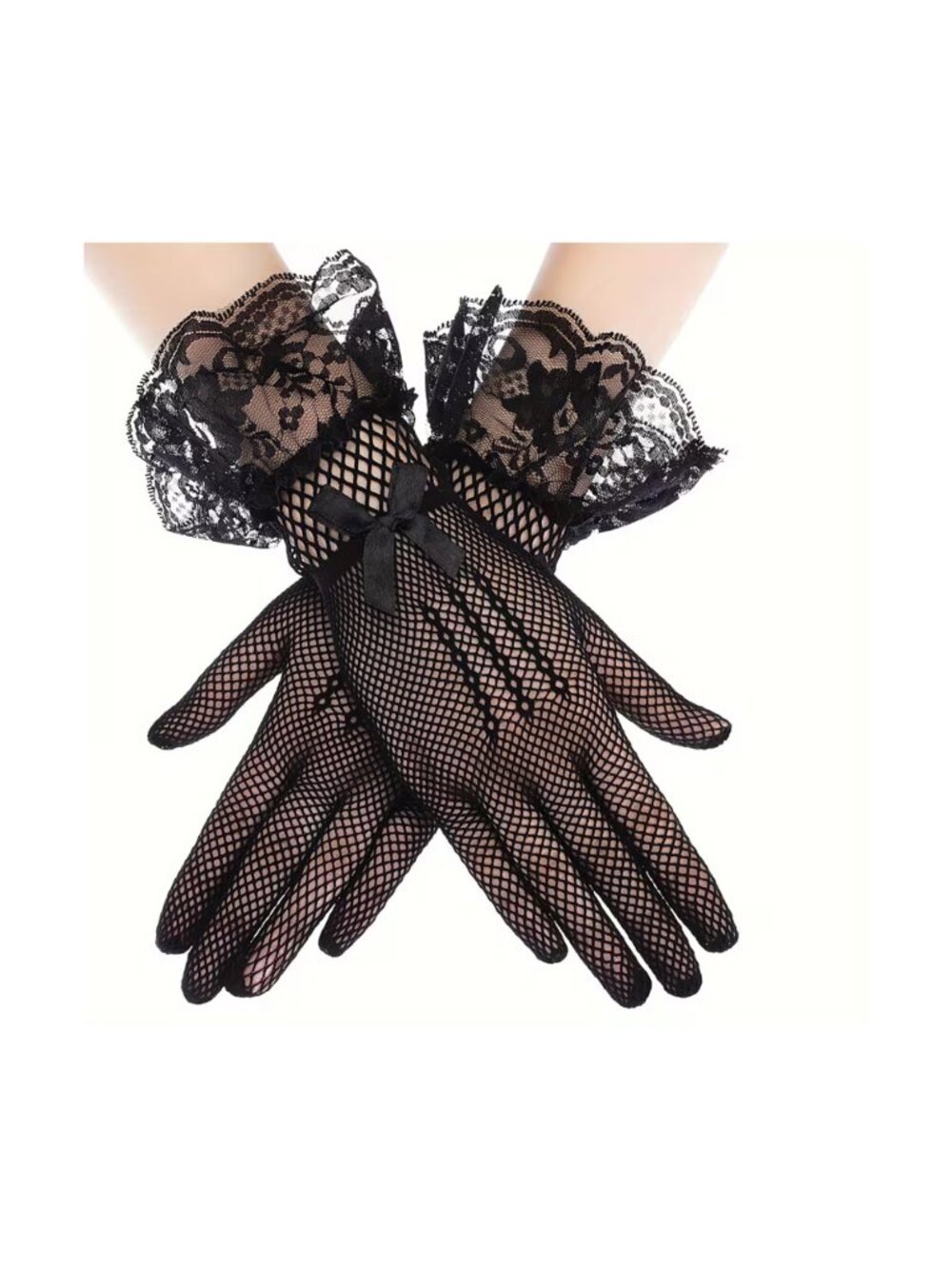Fishnet Gloves Black Lace Trim Satin Bow Dance Gothic Carnival Role-Playing